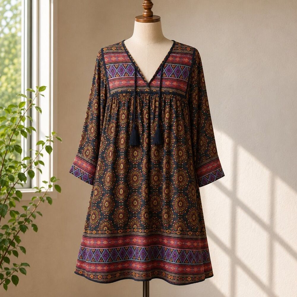 Johnny Was 4LoveAndLiberty Silk Sheer Boho Midi Dress Medallion Large